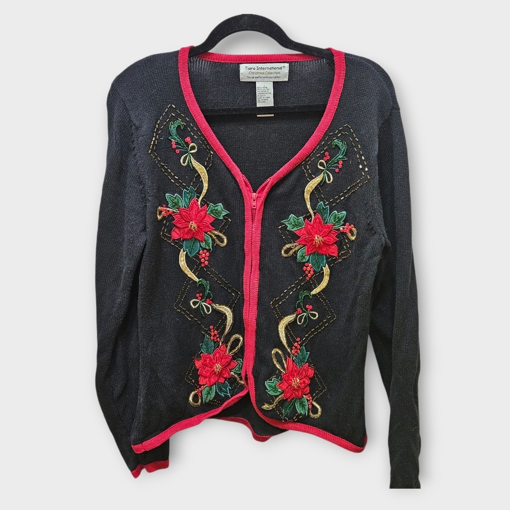 Tiara International Cardigan Sweater Poinsettia Beaded Zipper Womens‎ L